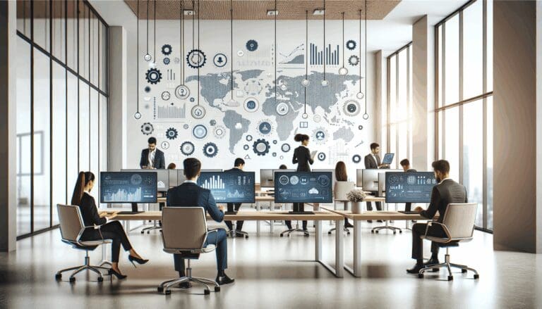 Startup latinoamericana moderna con profesionales analizando datos digitales en pantallas.