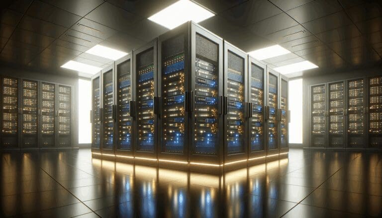Sala de servidores moderna con equipos informáticos iluminados y ambiente tecnológico sobrio.