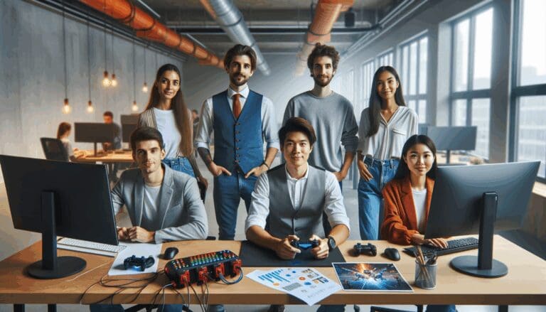 Emprendedores jóvenes desarrollando videojuegos en un espacio de coworking moderno