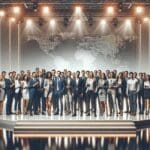 Emprendedores celebrando en un escenario moderno rodeados de luces, en un evento tecnológico internacional.