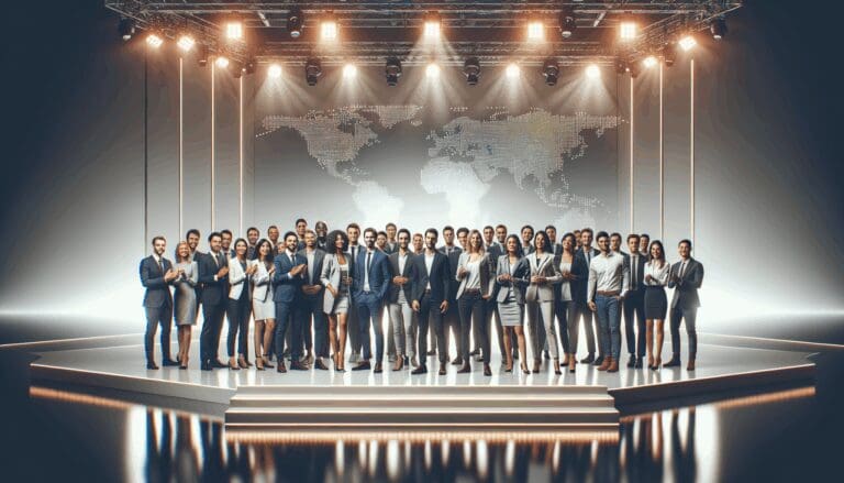 Emprendedores celebrando en un escenario moderno rodeados de luces, en un evento tecnológico internacional.