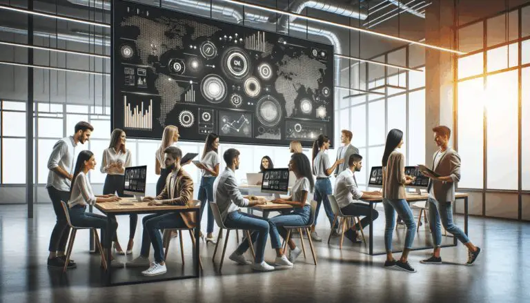 Equipo de jóvenes profesionales colaborando frente a pantallas digitales en un moderno espacio de coworking.