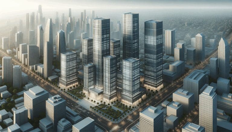 Vista aérea de un moderno complejo empresarial con rascacielos.