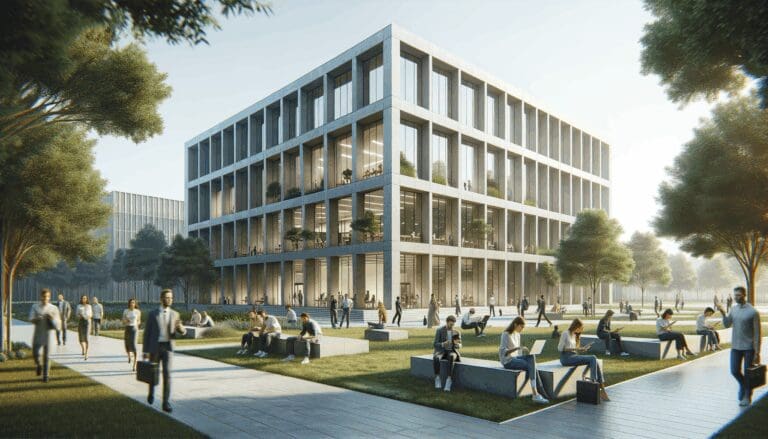 Edificio contemporáneo en un parque tecnológico rodeado de naturaleza y personas conectadas a dispositivos.