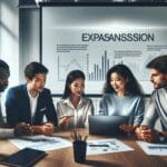 Equipo de trabajo multicultural en una oficina moderna discutiendo estrategias de expansión