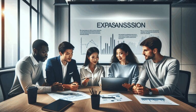 Equipo de trabajo multicultural en una oficina moderna discutiendo estrategias de expansión