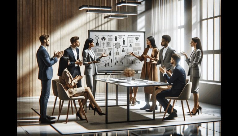 Equipos de emprendedores debatiendo estrategias frente a pizarras digitales en un moderno espacio de trabajo.