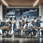 Equipo joven de emprendedores colaborando frente a pantallas con gráficos de datos en una oficina moderna.