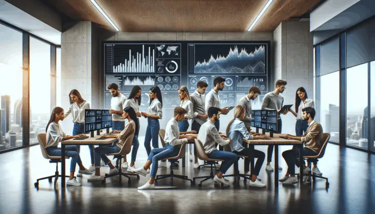 Equipo joven de emprendedores colaborando frente a pantallas con gráficos de datos en una oficina moderna.