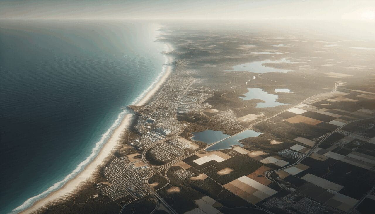Vista aérea de un paisaje costero con terrenos disponibles y océano de fondo