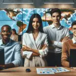 Equipo multinacional de emprendedores jóvenes en una oficina moderna con mapas de América Latina en pantalla