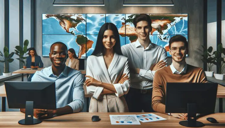 Equipo multinacional de emprendedores jóvenes en una oficina moderna con mapas de América Latina en pantalla