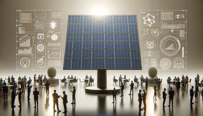 Paneles solares en un entorno tecnológico durante un evento de networking entre emprendedores.
