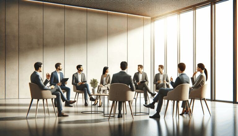 Grupo de emprendedores discutiendo en un entorno moderno y sostenible