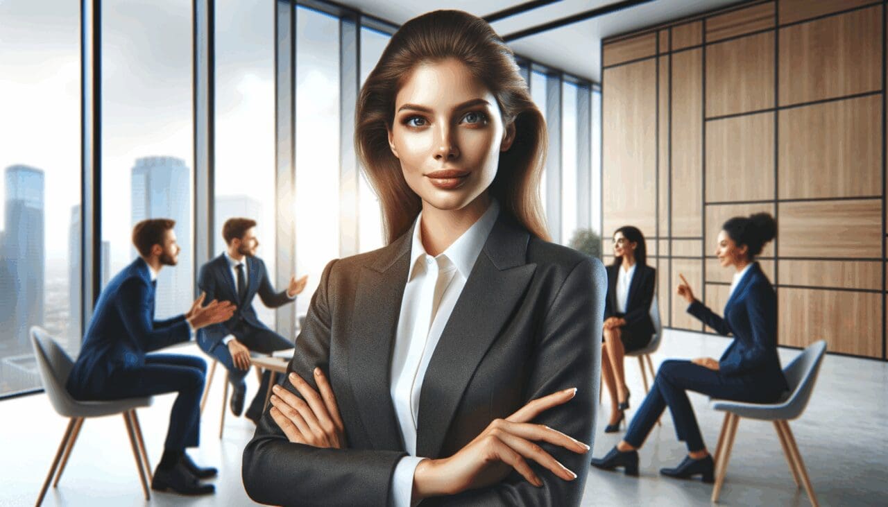 Retrato profesional de una mujer destacada hablando en una oficina moderna frente a un grupo, ambiente luminoso y contemporáneo.