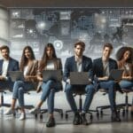 Jóvenes emprendedores reunidos alrededor de laptops, trabajando en un espacio moderno, con pantallas mostrando gráficos y datos digitales.