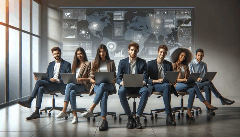 Jóvenes emprendedores reunidos alrededor de laptops, trabajando en un espacio moderno, con pantallas mostrando gráficos y datos digitales.