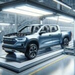 Fotografía de una pickup eléctrica moderna ensamblándose en una fábrica automotriz luminosa y de ambiente tecnológico.