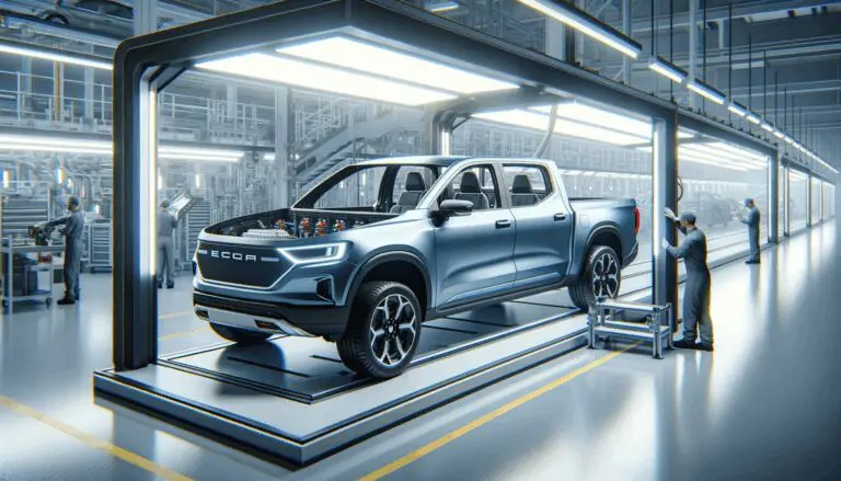 Fotografía de una pickup eléctrica moderna ensamblándose en una fábrica automotriz luminosa y de ambiente tecnológico.