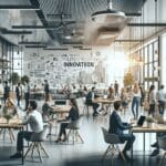 Coworking moderno y lleno de actividad, con emprendedores colaborando en un espacio de innovación.
