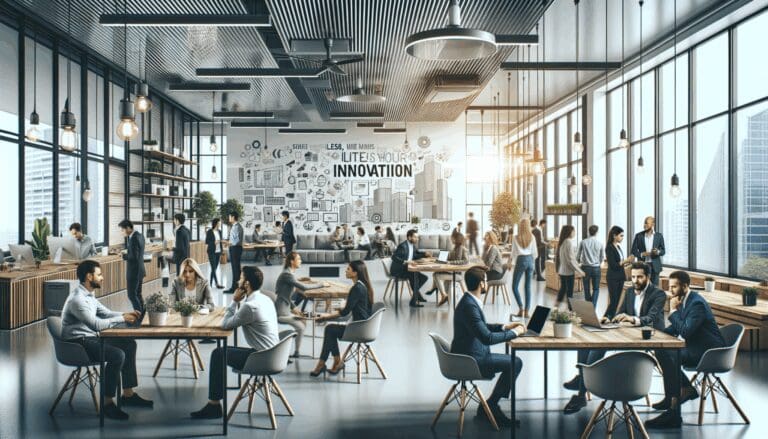 Coworking moderno y lleno de actividad, con emprendedores colaborando en un espacio de innovación.