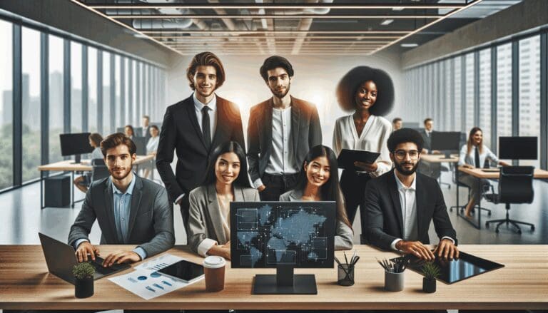 Equipo diverso de jóvenes profesionales colaborando en una oficina moderna con tecnología, ambiente creativo y natural.