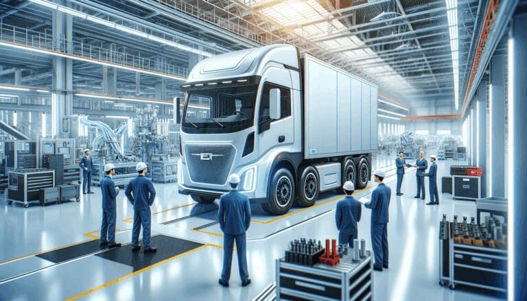 Un camión eléctrico moderno en una planta de ensamblaje tecnológica, rodeado de ingenieros trabajando.
