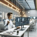 Joven emprendedor latinoamericano trabajando en una oficina tecnológica minimalista con pantallas y equipos médicos digitales.