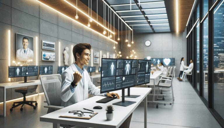 Joven emprendedor latinoamericano trabajando en una oficina tecnológica minimalista con pantallas y equipos médicos digitales.