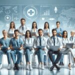 Profesionales de la salud reunidos en un entorno digital moderno con laptops y tablets.