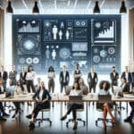 Equipo de emprendedores en sala de reuniones tecnológica, rodeados de pantallas y prototipos innovadores.