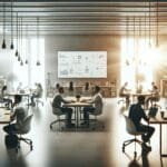 Sala de coworking moderna con emprendedores colaborando frente a laptops y pizarras digitales.