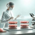Investigador en laboratorio tecnológico moderno cultivando carne en placas de Petri.