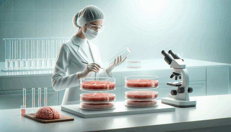 Investigador en laboratorio tecnológico moderno cultivando carne en placas de Petri.