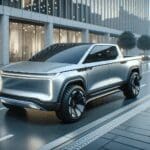 Fotografía de una pickup eléctrica futurista estacionada en un entorno urbano moderno, con fondo desenfocado.
