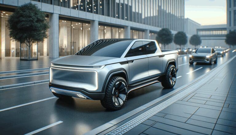 Fotografía de una pickup eléctrica futurista estacionada en un entorno urbano moderno, con fondo desenfocado.