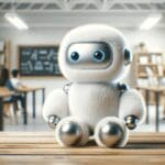 Primer plano de un robot blanco y esponjoso sobre una mesa de madera en un aula moderna y luminosa.