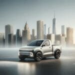 Una camioneta eléctrica compacta sobre fondo urbano, estilo minimalista, enfoque tecnológico.
