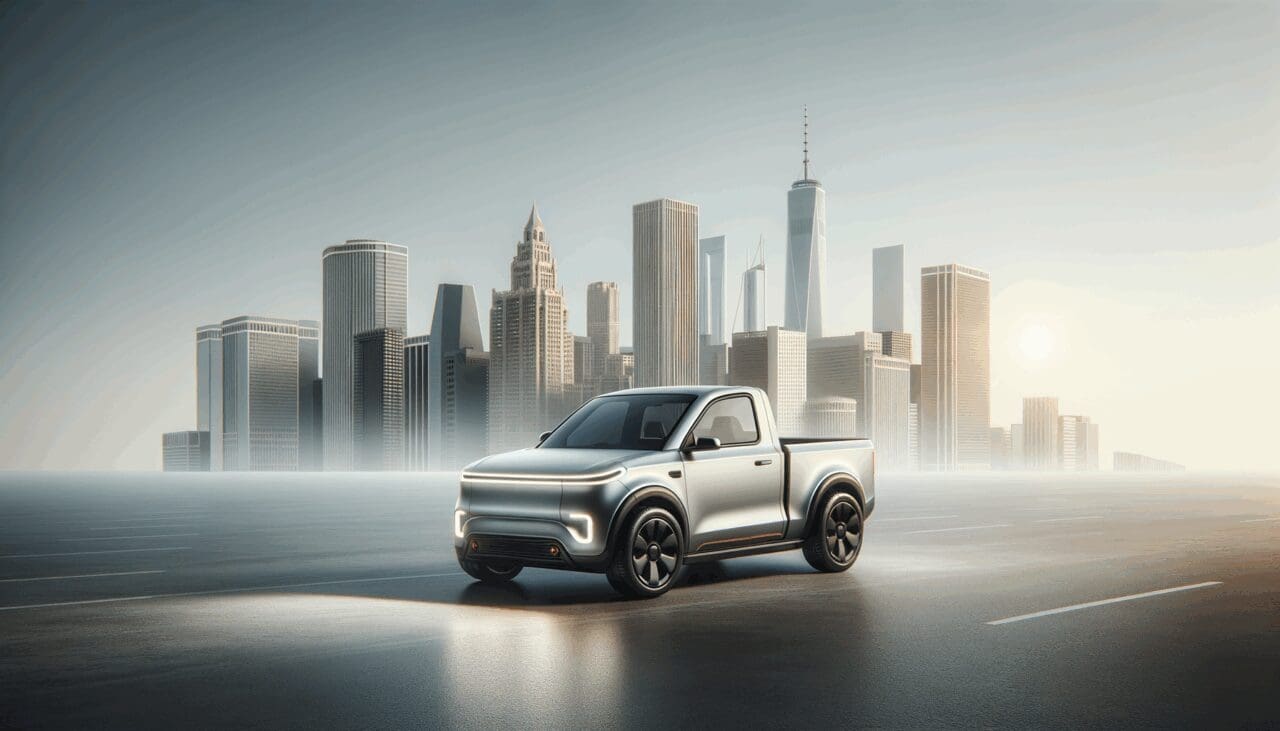 Una camioneta eléctrica compacta sobre fondo urbano, estilo minimalista, enfoque tecnológico.