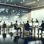 Oficina moderna con equipos colaborando frente a pantallas mostrando gráficos y código, fondo tecnológico desenfocado.