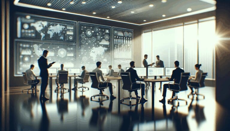 Oficina moderna con equipos colaborando frente a pantallas mostrando gráficos y código, fondo tecnológico desenfocado.