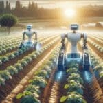 Robots agrícolas trabajando entre hileras de cultivos bajo luz natural, fondo rural y ambiente tecnológico.