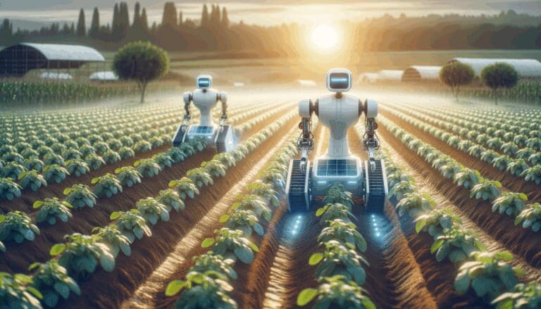 Robots agrícolas trabajando entre hileras de cultivos bajo luz natural, fondo rural y ambiente tecnológico.
