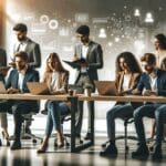 Emprendedores colaborando en un espacio de coworking moderno con laptops y pizarras digitales.