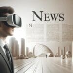 Persona usando gafas de realidad virtual en un espacio futurista.