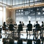 Equipo empresarial en una sala de reuniones moderna debatiendo frente a pantallas digitales.