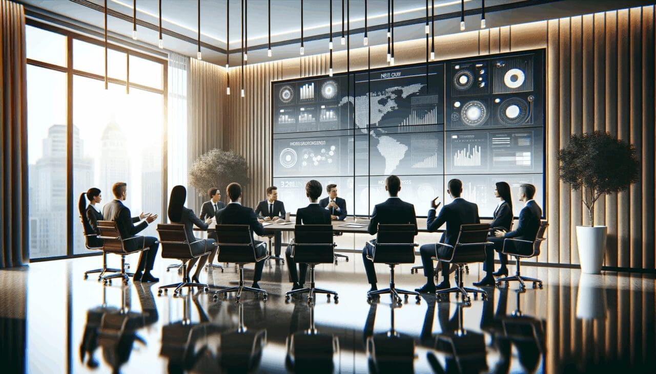 Equipo empresarial en una sala de reuniones moderna debatiendo frente a pantallas digitales.