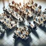 Oficina moderna vista desde arriba, con equipos de emprendedores colaborando en laptops y pantallas.