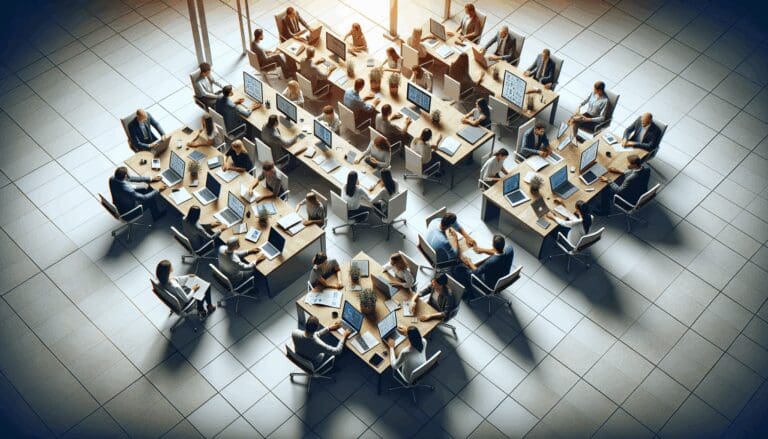 Oficina moderna vista desde arriba, con equipos de emprendedores colaborando en laptops y pantallas.