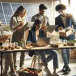 Un grupo diverso de emprendedores trabajando en un espacio colaborativo con laptops, prototipos alimenticios y paneles solares en el fondo.